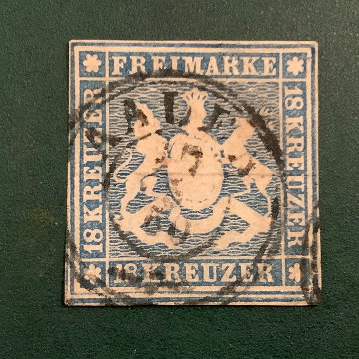 Württemberg 1857 - 18 Kreuzer våbenskjold uperforeret med seidefarben - Michel 10