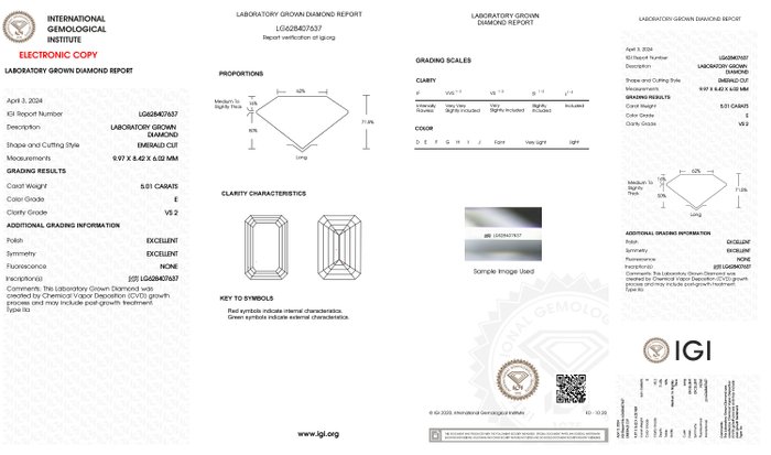 Ingen mindstepris - Ring - 18 kraat Hvidguld -  5.01ct. tw. Diamant (Laboratoriedyrket) - Emerald E-VS2