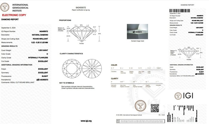 2 pcs Diamant  (Natur)  - 1.10 ct - Rund - D (farveløs) - IF - International Gemological Institute (IGI) - Ideelt snitpar