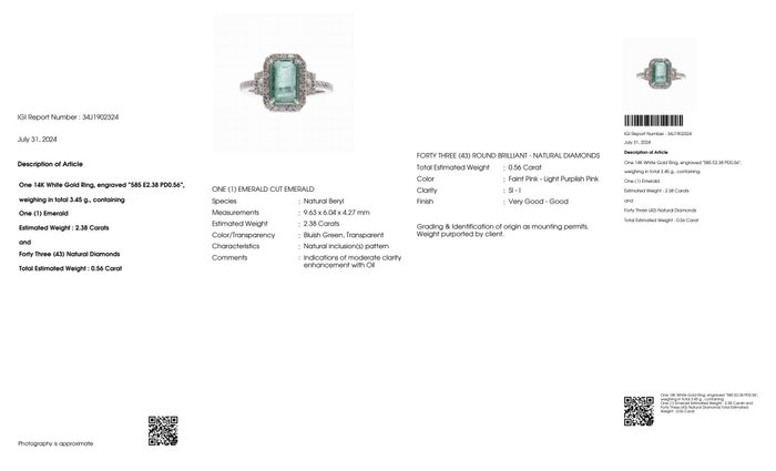 Ingen mindstepris - Ring - 14 karat Hvidguld -  294ct tw Smaragd - Diamant - IGI 238 ct blålig grøn