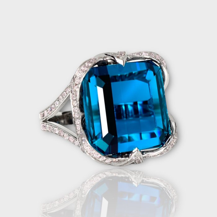 Ingen mindstepris - Ring - 14 karat Hvidguld -  3442ct tw Topas - Diamant - IGI 3327 ct Intense Blue