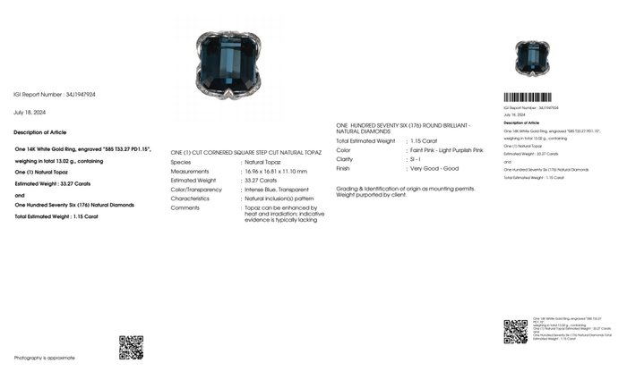 Ingen mindstepris - Ring - 14 karat Hvidguld -  3442ct tw Topas - Diamant - IGI 3327 ct Intense Blue