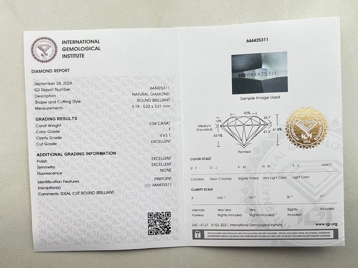 1 pcs Diamant  (Natur)  - 0.54 ct - Rund - F - VVS1 - International Gemological Institute (IGI)