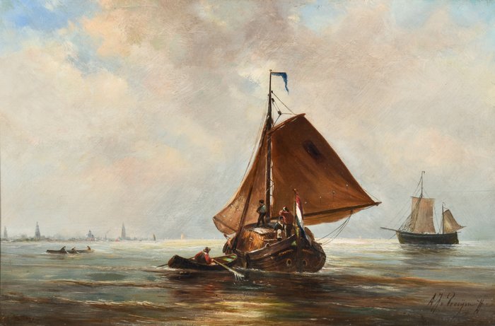 Albert Jurardus van Prooijen (1834-1898) - Haybarge in the IJ with Amsterdam on the background