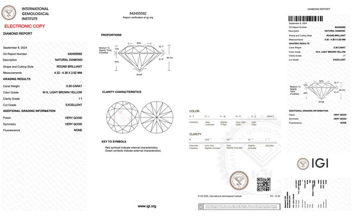 Ingen mindstepris - 1 pcs Diamant  (Naturfarvet)  - 030 ct - Rund - Light Brun Gul - I1 - International Gemological Institute (IGI)