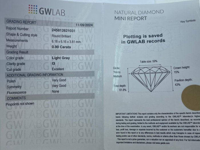 Ingen mindstepris - 1 pcs Diamant  (Naturfarvet)  - 090 ct - Rund - Light Grå - I3 - Gemewizard Gemological Laboratory (GWLab)