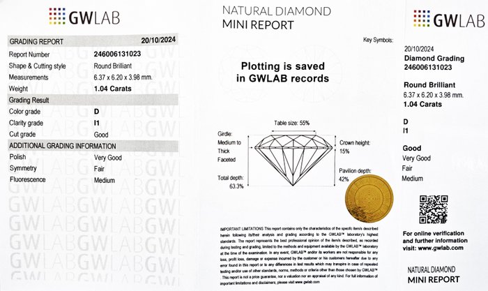 1 pcs Diamant  (Natur)  - 1.04 ct - Rund - D (farveløs) - I1 - Gemewizard Gemological Laboratory (GWLab)