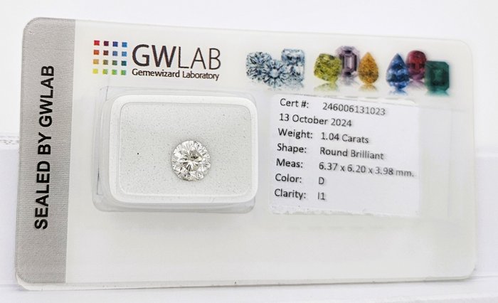 1 pcs Diamant  (Natur)  - 1.04 ct - Rund - D (farveløs) - I1 - Gemewizard Gemological Laboratory (GWLab)