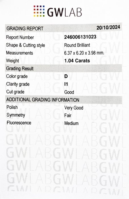 1 pcs Diamant  (Natur)  - 1.04 ct - Rund - D (farveløs) - I1 - Gemewizard Gemological Laboratory (GWLab)