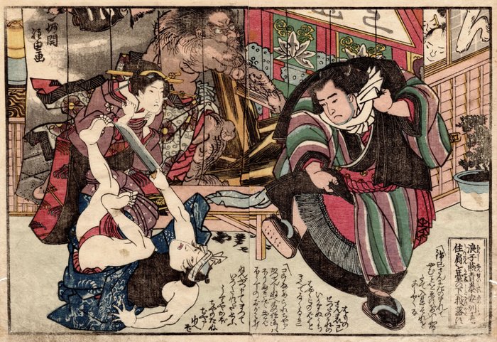 Yan Qing the Wanderer Throws Jin Ken off the Stage in Tai'anzhou 浪子燕青泰安州にて住肩を台の下へ投落す - 1829 - Utagawa Kuniyoshi 歌川国芳 (1797-1861) - Japan -  Edo-perioden (1600-1868)