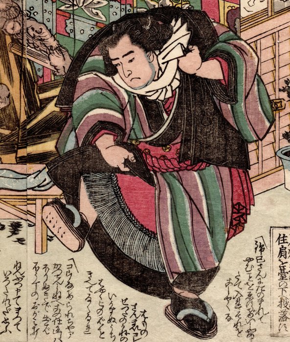 Yan Qing the Wanderer Throws Jin Ken off the Stage in Tai'anzhou 浪子燕青泰安州にて住肩を台の下へ投落す - 1829 - Utagawa Kuniyoshi 歌川国芳 (1797-1861) - Japan -  Edo-perioden (1600-1868)