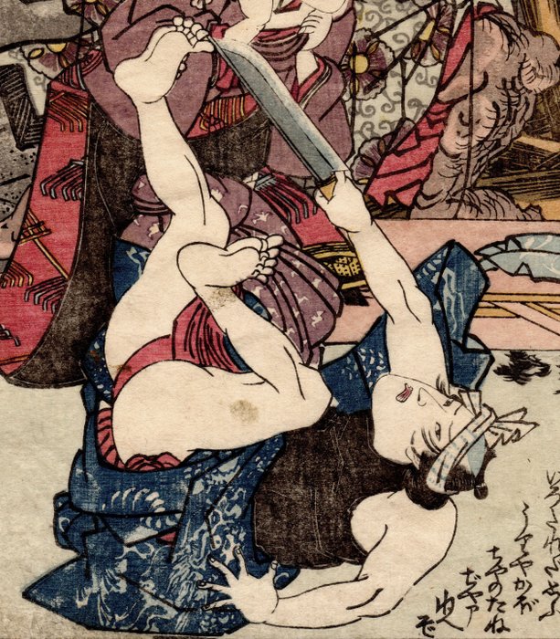 Yan Qing the Wanderer Throws Jin Ken off the Stage in Tai'anzhou 浪子燕青泰安州にて住肩を台の下へ投落す - 1829 - Utagawa Kuniyoshi 歌川国芳 (1797-1861) - Japan -  Edo-perioden (1600-1868)