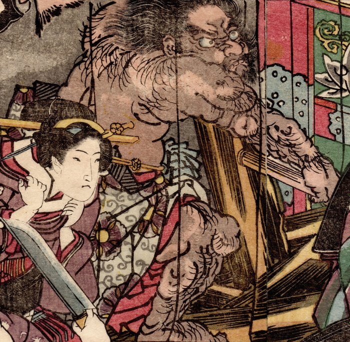 Yan Qing the Wanderer Throws Jin Ken off the Stage in Tai'anzhou 浪子燕青泰安州にて住肩を台の下へ投落す - 1829 - Utagawa Kuniyoshi 歌川国芳 (1797-1861) - Japan -  Edo-perioden (1600-1868)