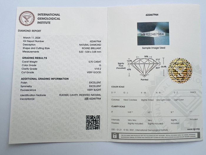 1 pcs Diamant  (Natur)  - 0.70 ct - Rund - G - VVS2 - International Gemological Institute (IGI) - *VG EX*