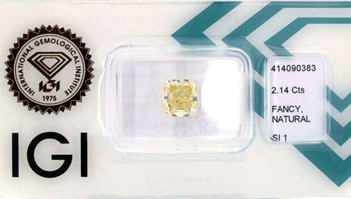 1 pcs Diamant  (Naturfarvet)  - 2.14 ct - Pude - Fancy light Gul - SI1 - International Gemological Institute (IGI)