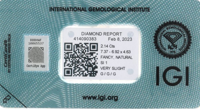 1 pcs Diamant  (Naturfarvet)  - 2.14 ct - Pude - Fancy light Gul - SI1 - International Gemological Institute (IGI)