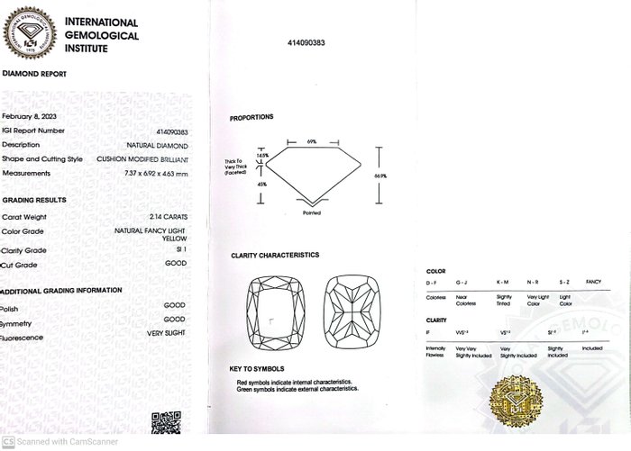 1 pcs Diamant  (Naturfarvet)  - 2.14 ct - Pude - Fancy light Gul - SI1 - International Gemological Institute (IGI)