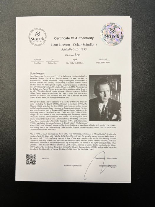 Schindler's List 1993 - Liam Neeson (Oskar Schindler) - Fine Art Photography - Luxury Wooden Framed 70X50 cm - Limited Edition Nr 01 of 30 - Serial ID 30297 - Original Certificate (COA), Hologram Logo Editor and QR Code - 100% New items.