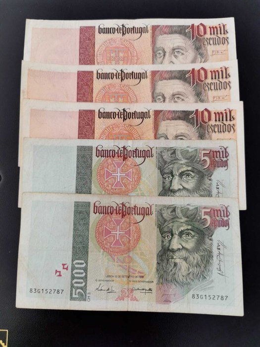 Portugal - 2 x 5 000 and 3 x 10 000 Escudos - Various Dates  (Ingen mindstepris)