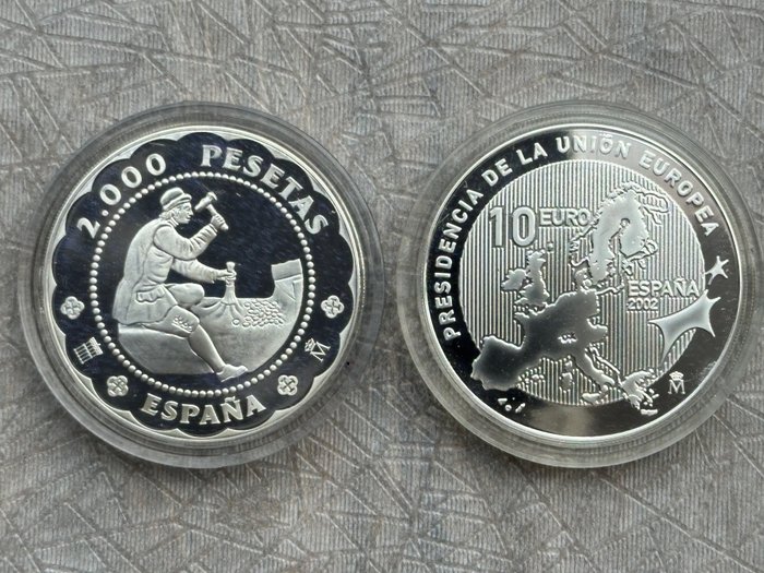 Spanien 2000 Pesetas / 10 Euro 2001/2002 (2 stuks) Proof  (Ingen mindstepris)