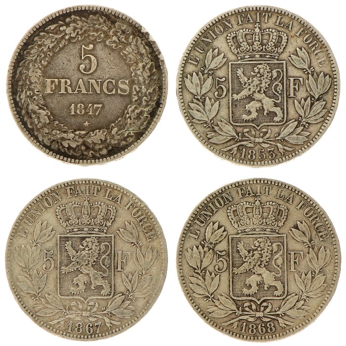 Belgien. 5 Frank 1847/1868 (4 stuks)  (Ingen mindstepris)