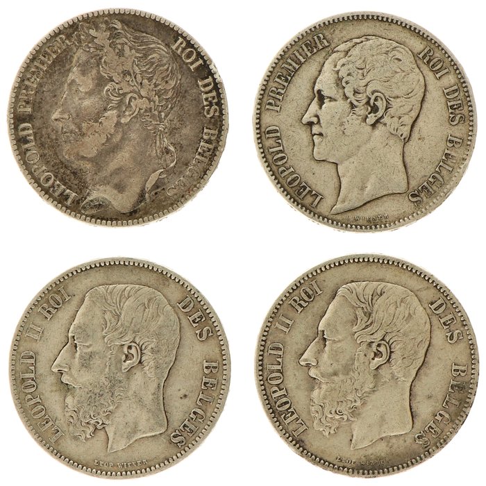 Belgien. 5 Frank 1847/1868 (4 stuks)  (Ingen mindstepris)