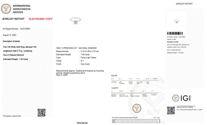 Ring - 14 karat Hvidguld -  1.00ct. tw. Gul Diamant (Naturfarvet) - IGI