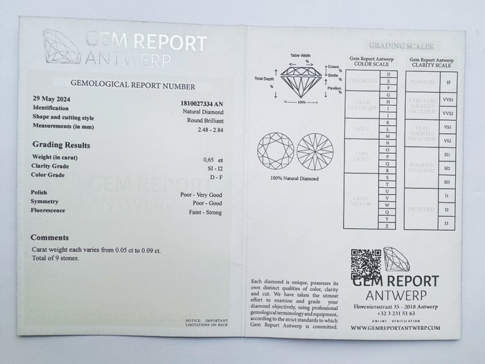 9 pcs Diamant  (Natur)  - 065 ct - Rund - D (farveløs) F - I1 I2 SI1 SI2 - Gem Report Antwerp (GRA)