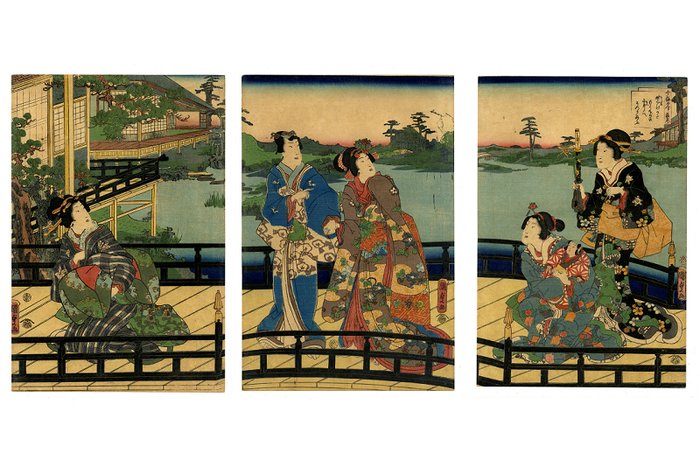 Den lilla prins Genji på en bro - Fra serien 'Picture Scroll of Modern Genji' 今様げんじ絵巻 - Papir - Utagawa Kunisada II (1823-80) - Japan - 1860