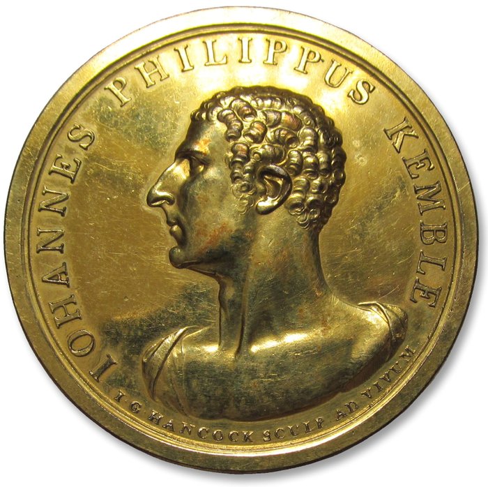 Storbritannien. Georg 3. af Storbritannien (1760-1820). Historical Medal 52mm AE gilded medal 1798: 41st birthday of prominent actor John Philip Kemble - by John Hancock