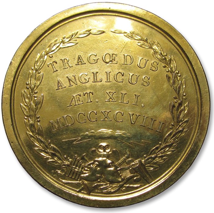 Storbritannien. Georg 3. af Storbritannien (1760-1820). Historical Medal 52mm AE gilded medal 1798: 41st birthday of prominent actor John Philip Kemble - by John Hancock