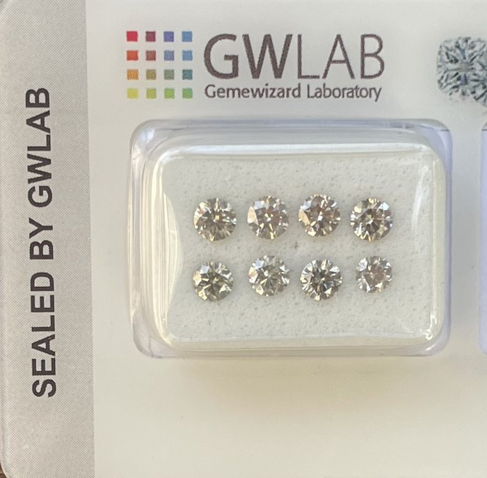 Ingen mindstepris - 8 pcs Diamant  (Natur)  - 1.12 ct - Rund - SI2, VS2 - Gemewizard Gemological Laboratory (GWLab) - Grå