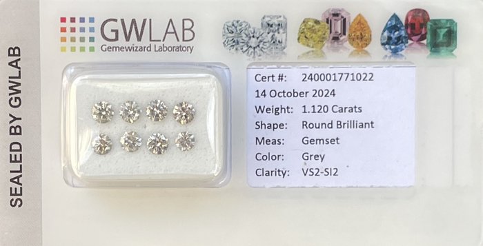 Ingen mindstepris - 8 pcs Diamant  (Natur)  - 1.12 ct - Rund - SI2, VS2 - Gemewizard Gemological Laboratory (GWLab) - Grå