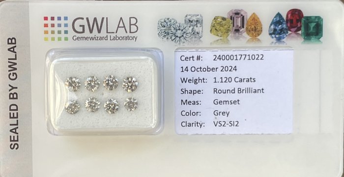 Ingen mindstepris - 8 pcs Diamant  (Natur)  - 1.12 ct - Rund - SI2, VS2 - Gemewizard Gemological Laboratory (GWLab) - Grå