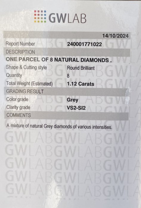 Ingen mindstepris - 8 pcs Diamant  (Natur)  - 1.12 ct - Rund - SI2, VS2 - Gemewizard Gemological Laboratory (GWLab) - Grå