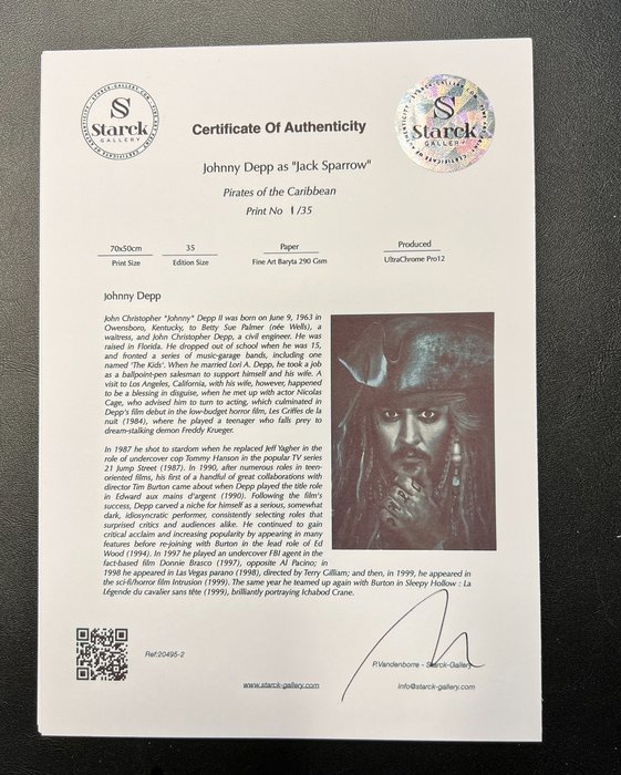 Pirates of the Caribbean - Johnny Depp as "Jack Sparrow" - Luxury Wooden Framed 70X50 cm - Limited Edition Nr 04 of 30 - Serial ID 20495 - Original Certificate (COA), Hologram Logo Editor and QR Code