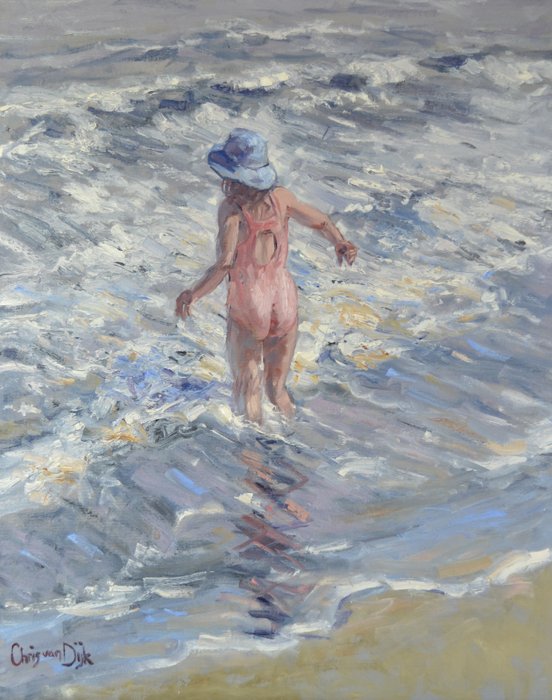 Chris van Dijk  (1952) Impressionist - " Fille au chapeau bleu dans les vagues "