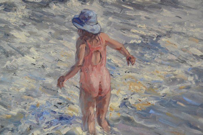 Chris van Dijk  (1952) Impressionist - " Fille au chapeau bleu dans les vagues "