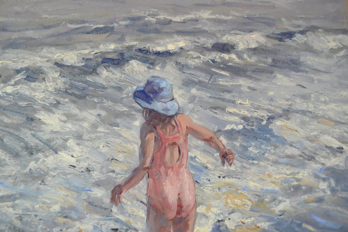 Chris van Dijk  (1952) Impressionist - " Fille au chapeau bleu dans les vagues "