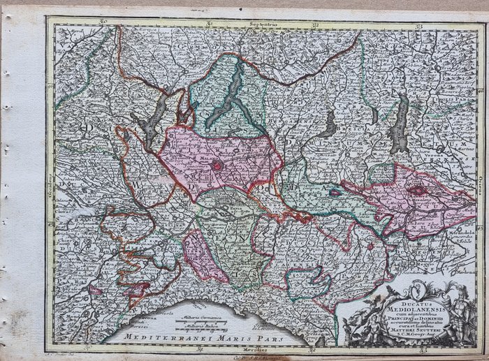 Italien - Kort; Matthäus Seutter (1678 – 1757) - Carta Geografica "Nord Italia" - Ducatus Mediolanensis - 1751-1760