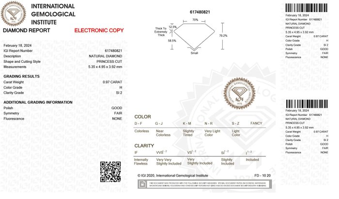 1 pcs Diamant  (Natur)  - 0.97 ct - Rektangel - H - SI2 - International Gemological Institute (IGI)