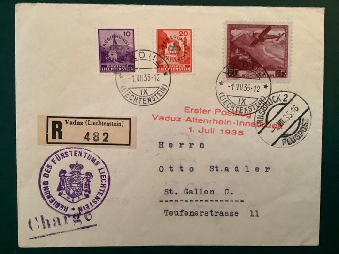 Liechtenstein 1935 - Første flyvning på statsbrev, afgift og med to servicestempler - sjælden kombination - Michel 148, D12 en D14