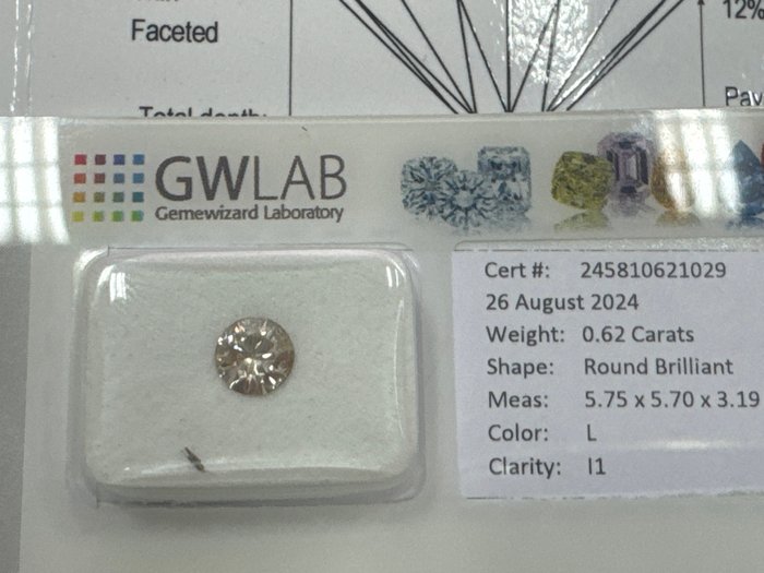 Ingen mindstepris - 1 pcs Diamant  (Natur)  - 0.62 ct - Rund - L - I1 - Gemewizard Gemological Laboratory (GWLab)