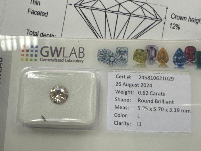 Ingen mindstepris - 1 pcs Diamant  (Natur)  - 0.62 ct - Rund - L - I1 - Gemewizard Gemological Laboratory (GWLab)