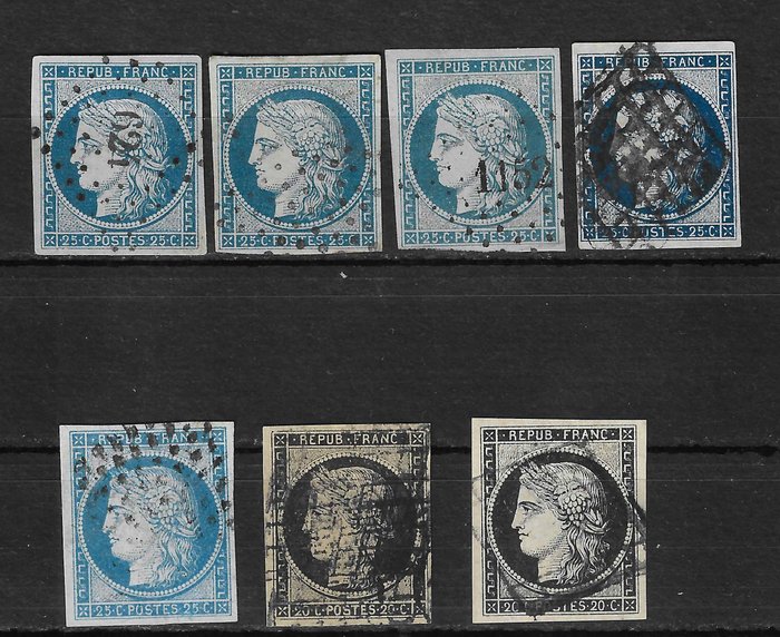 Frankrig  - Ceres - vurdering = 480 euro - Yvert n°3, 3a, 4x3, 4a (bleu foncé), 4f (bleu clair)