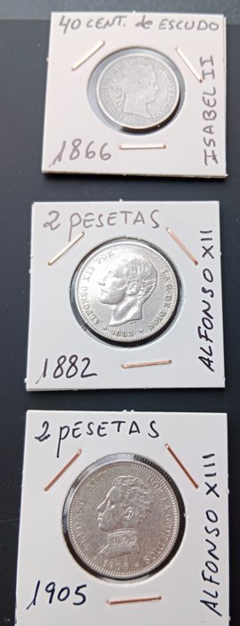 Kongeriget Spanien. 2 Pesetas y 40 Céntimos de Escudo 1866-1905 (3 monedas)  (Ingen mindstepris)