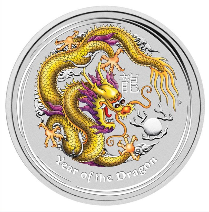 Australien. 1 Dollar 2012 Coin Show Melbourne "Gelber Drache" - 1 Oz im Etui +  COA  (Ingen mindstepris)