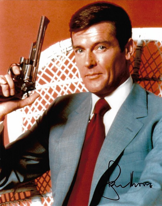 Roger Moore - Autographed Photo James Bond 007 in classic Bond pose with gun b'bc COA.