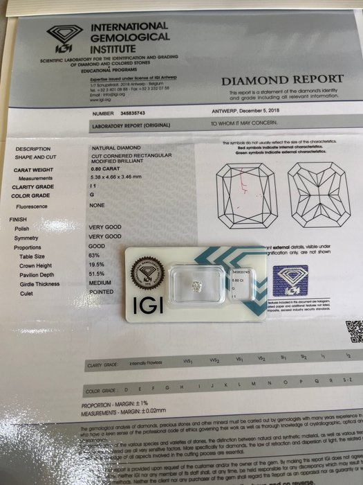 1 pcs Diamant  (Natur)  - 0.80 ct - Radiant - G - I1 - International Gemological Institute (IGI)