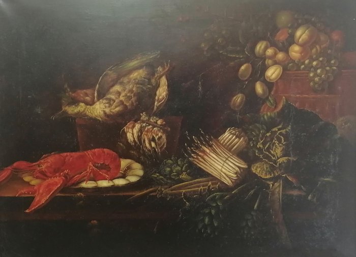 Scuola europea (XX), da Adriaen van Utrecht - Natura Morta con Frutta, Cacciagione e una Aragosta